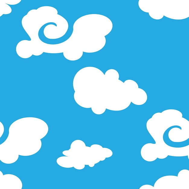 Witte pluizige wolken boven een blauwe lucht clip art Eenvoudige cartoon ontwerp Naadloze patroon Vlakke stijl vectorillustratie