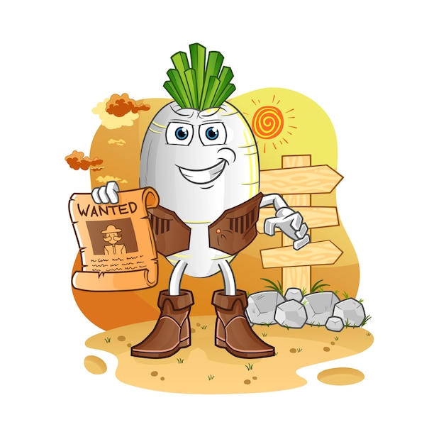 Witte radijs cowboy met wilde papieren cartoon mascotte vector