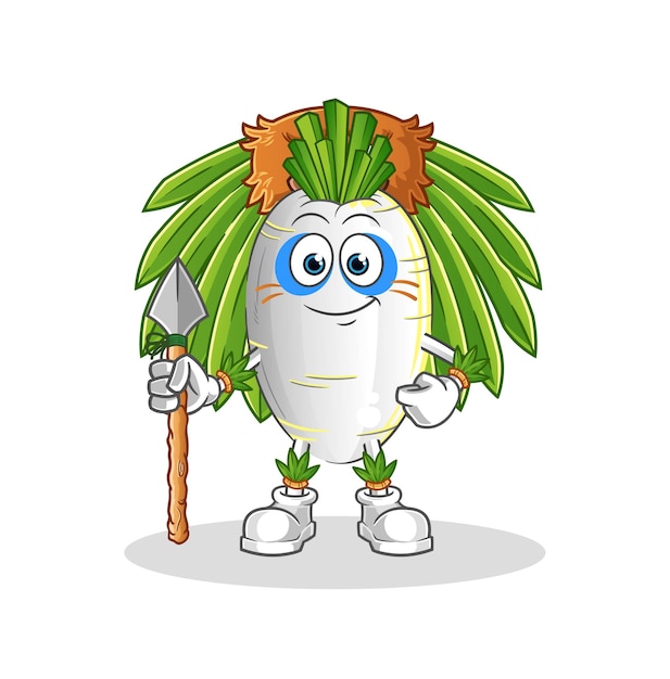 Witte radijs tribal man mascotte cartoon vector