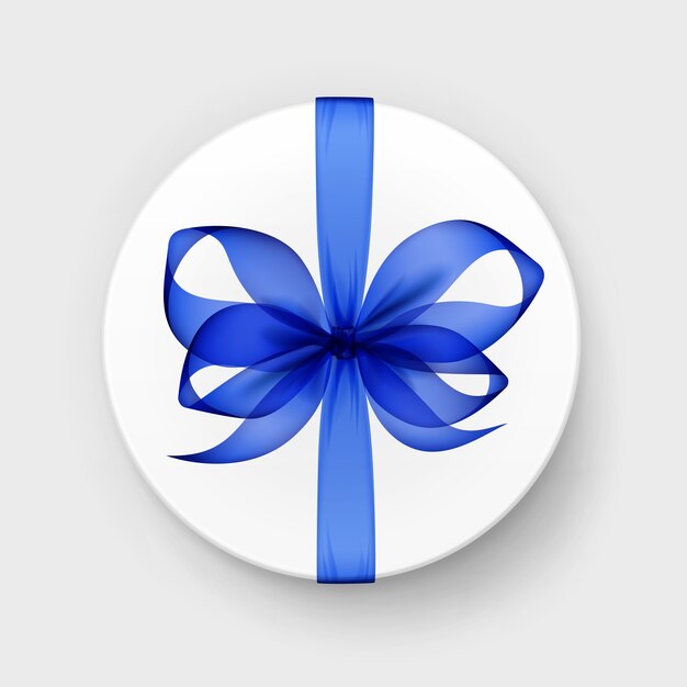 Witte ronde geschenkdoos met transparant blauwe strik en lint bovenaanzicht close-up geïsoleerd op achtergrond