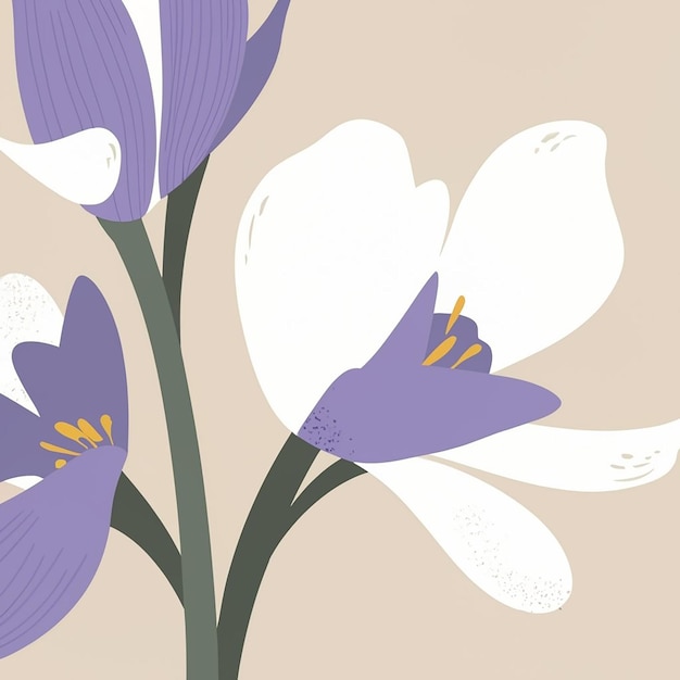 Witte sereniteit paarse bloemen in boeiende illustratie Flat Design