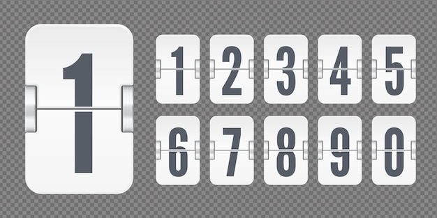 Witte set flip nummers op een mechanisch scorebord geïsoleerd op donkere transparante achtergrond. Vectorsjabloon voor uw ontwerp.