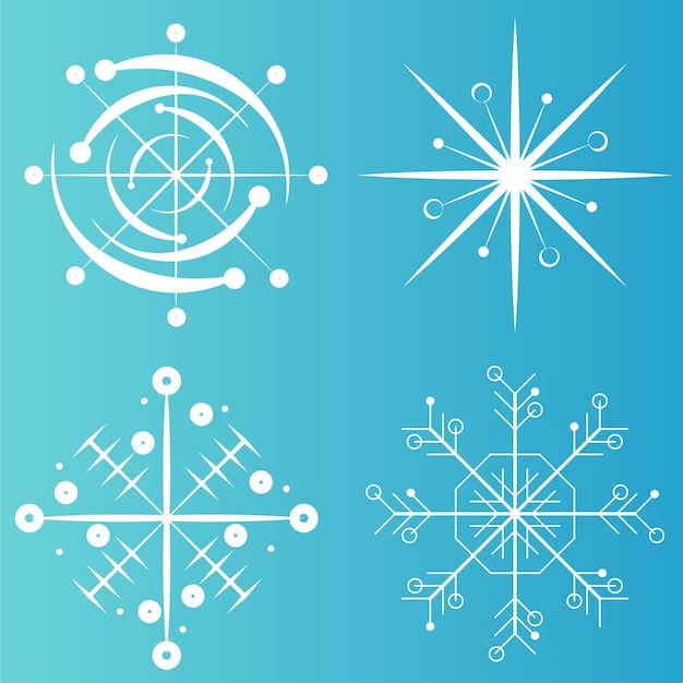 Witte sneeuwvlok iconen collectie in lijnstijl geïsoleerd op blauwe achtergrond nieuwjaar ontwerpelementen bevroren symbool vectorillustratie