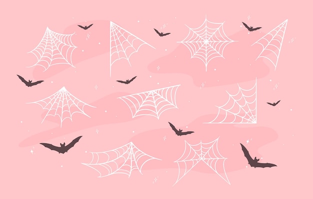 Vector witte spinnenwebben en zwarte vleermuizen op schattige roze halloween-achtergrond