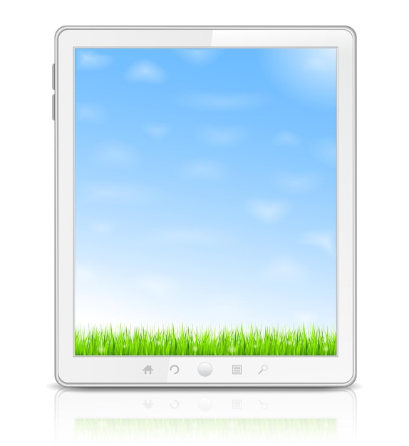 Witte tablet-pc met groen gras en blauwe lucht op het scherm