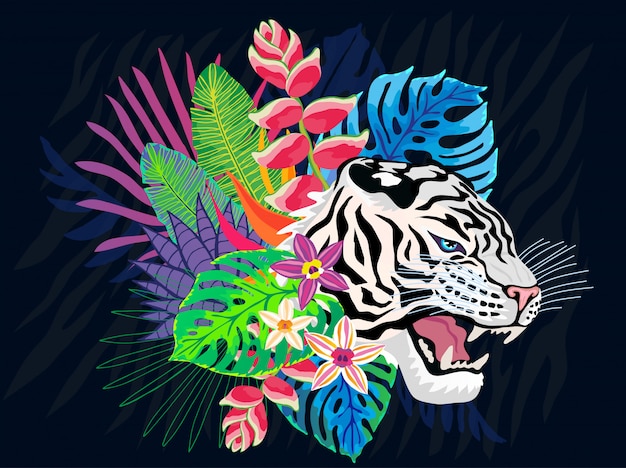 Vector witte tijger hoofd wilde kat in kleurrijke jungle. van regenwoud tropische bladeren tekening als achtergrond. roze tijgerstrepen karakter kunst illustratie