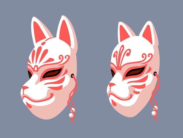 Vector witte traditionele japanse vos- en kattenmaskers met rode patronen. een volksmystiek personage.