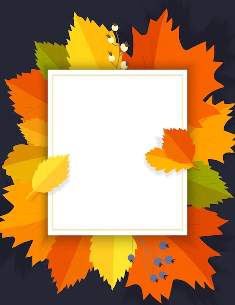 Witte vel met kleurrijke herfstbladeren op een donkere achtergrond Vector sjabloon