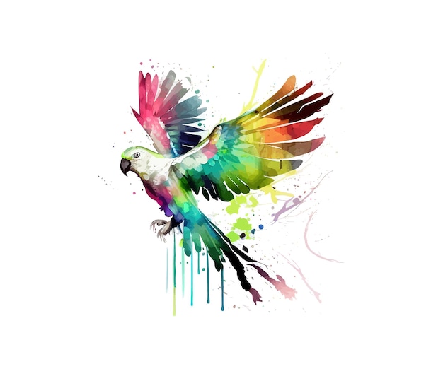 Witte vliegende papegaai met aquarel regenboog vleugels Vector illustratie ontwerp