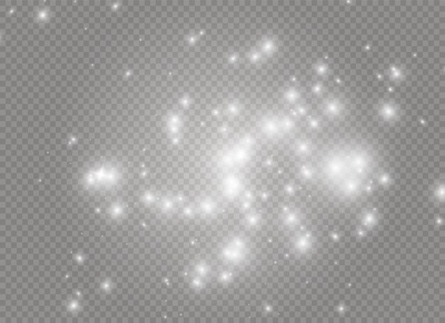 Witte vonken en gouden sterren glitter speciaal lichteffect. schittert op transparante achtergrond. Kerst abstract patroon. Sprankelende magische stofdeeltjes