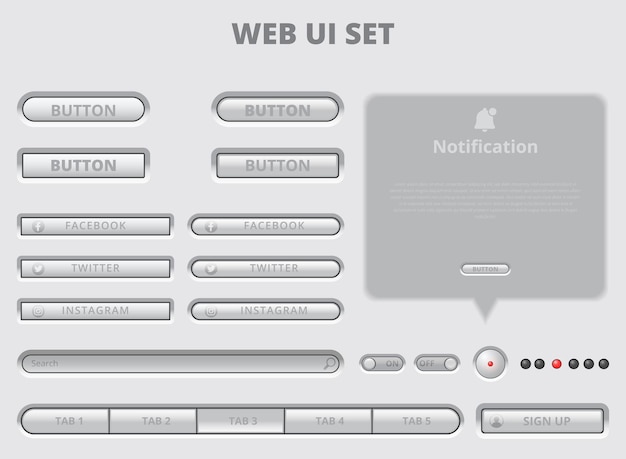 Witte web ui-elementen. knoppen, schakelaars, balken, aan / uit-knop, schuifregelaar vector