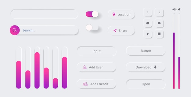 Witte web ui-ontwerpelementen instellen UI, UX, KIT voor browser of app. Knoppen, zoekbalk, schuifregelaar en andere