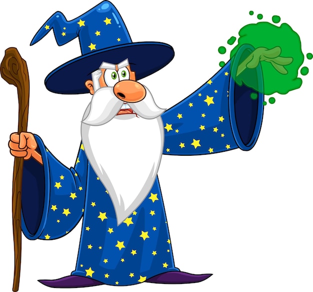 Vector wizard cartoon karakter met een riet maken magie.