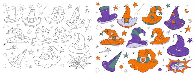 Wizard hat Halloween set colored different hats stars magic magic wand purple orange