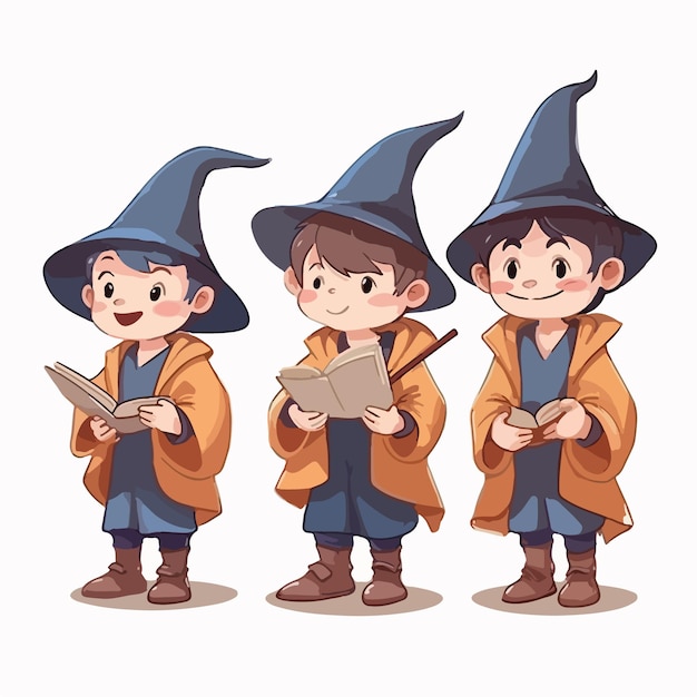 Wizard kid in wizard's clothes vector pose young boy multipose