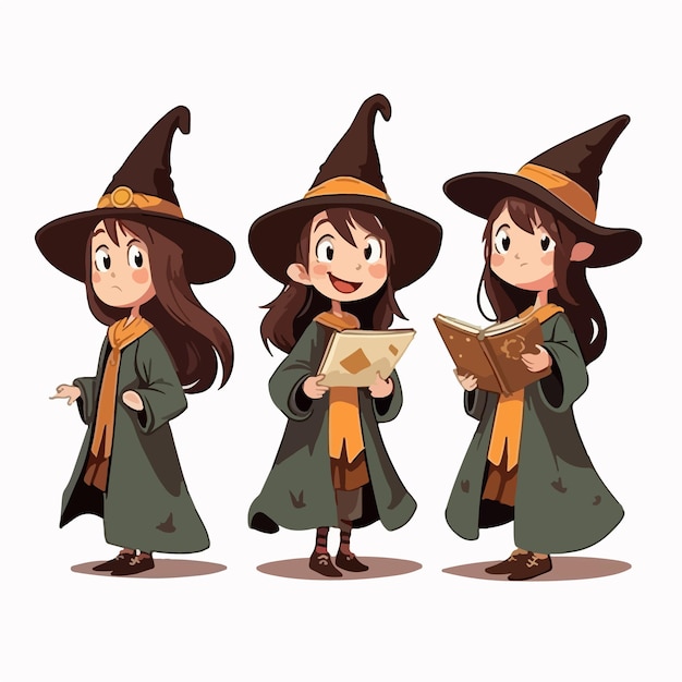 Wizard kind met tovenaar outfit vector pose jonge meisje cartoon stijl