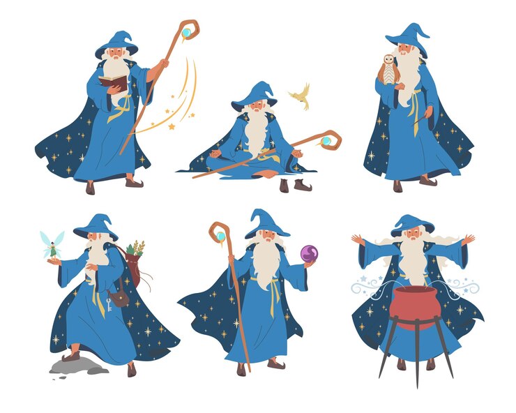 魔法使い マジックキャラクターセット フラットベクトルイラスト ブラウ・ウィザードの帽子をかぶった老ひげの男 魔法の杖をつけた魔術師 マジック・ファンタジー 魔法の魔術 メルリン文
