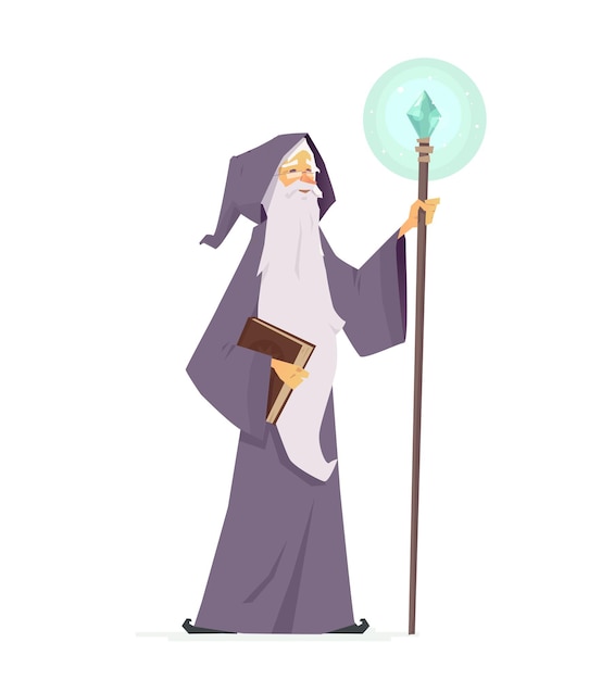 Wizard met magische boek en toverstaf - cartoon personen personages illustratie geïsoleerd op een witte achtergrond. een afbeelding van een oude vriendelijke goochelaar met een lange witte baard in een mantel die een stok met kristal vasthoudt