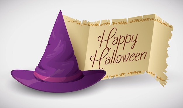 Wizard purple hat with ancient scroll with greeting Vector Illustration