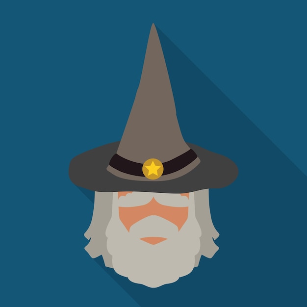 Wizard sage with gray pointy hat in flat style and long shadow Vector Illustration