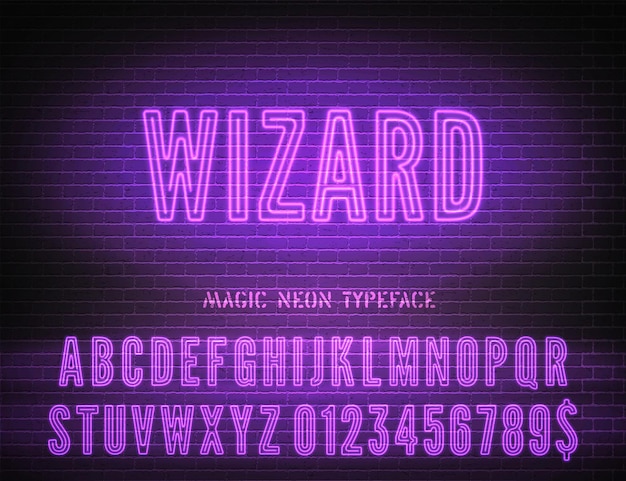 Wizard sign with purple neon narrow bold alphabet on dark brick background Vector illustration