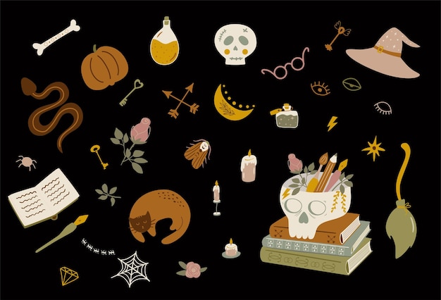 Wizard symbols collection Dark academia Cartoon magic set Halloween witchcraft isolated elements Vector doodle of witch potion human skull snake bug cat books pumpkin alchemy mystery objects