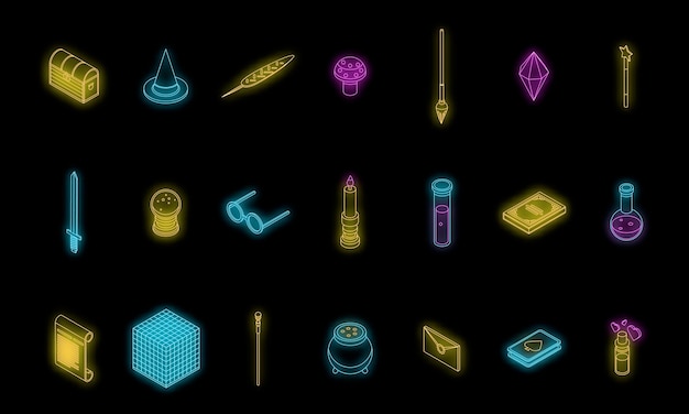 Wizard tools icons set vector neon