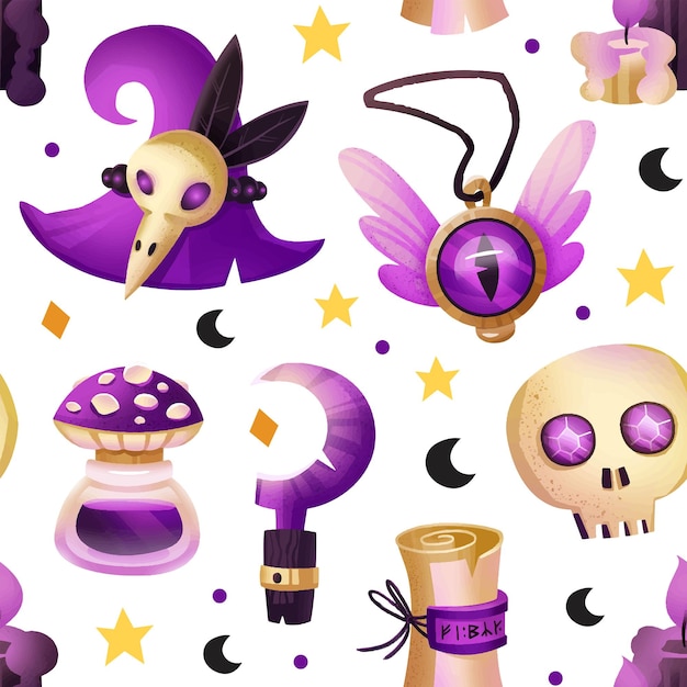 Vector wizard witch magic seamless pattern background halloween decoration skull hat candle bottle