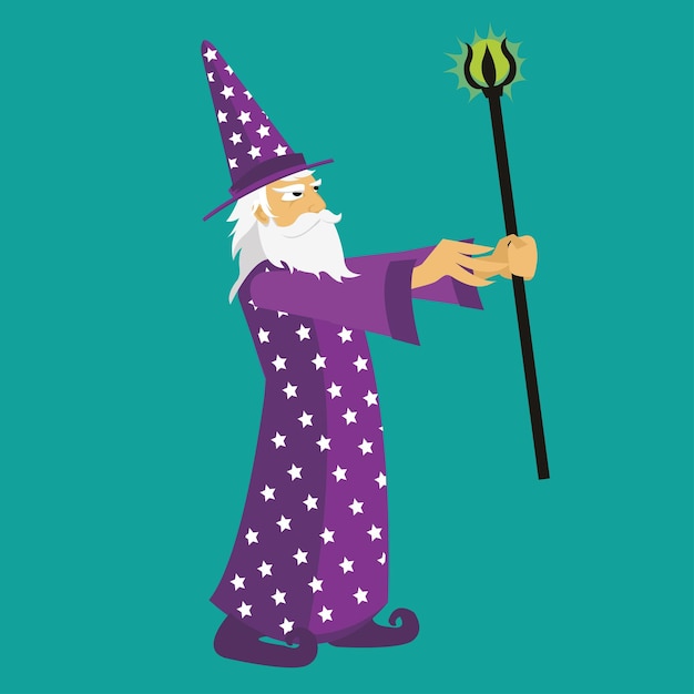 Vector wizard with fireball and magic staff magician doing a magic spell