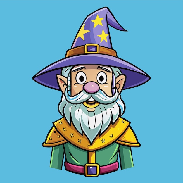 마법의 도구를 가진 마법사 또는 마녀 손으로 그린 마스코트 만화 캐릭터 스티커 아이콘 개념