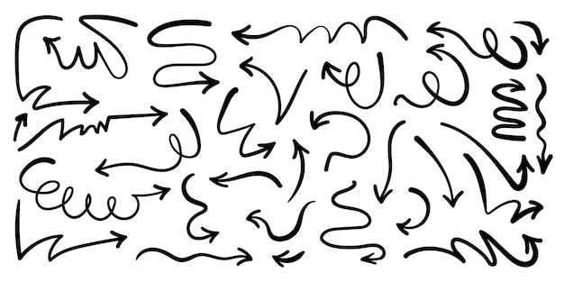 Wobbly hand getekende pijlen met krullende kromme lijnen en lussen set van doodle pijl iconen collectie van