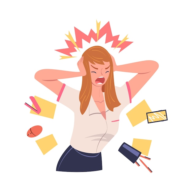 Woedende vrouwelijke kantoormedewerker met een woedend gezicht schreeuwt en schreeuwen luid vector illustratie