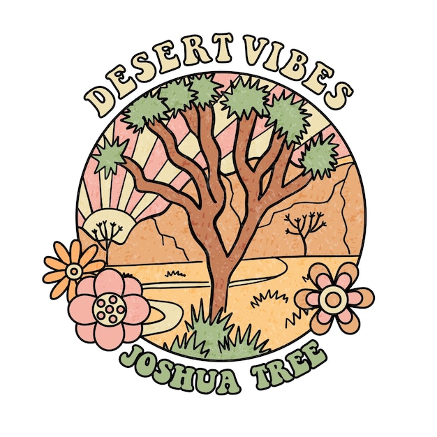 Vector woestijn joshua tree retro grafische ronde badge voor t-shirt en anderen berg- en zonsonderganglandschap vi