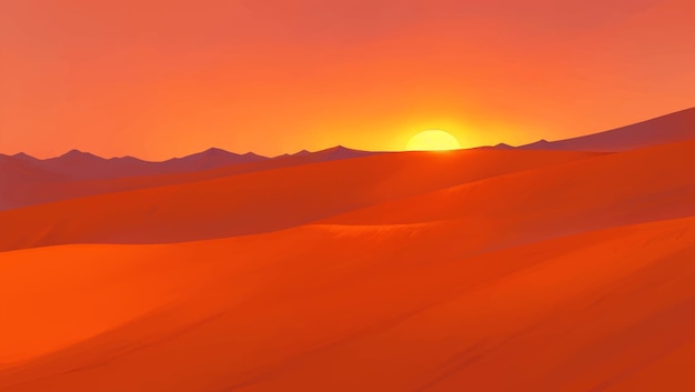 Woestijn met duinen en canyons bij zonsopgang of zonsondergang Gedetailleerde met de hand getekende schilderij Illustratie