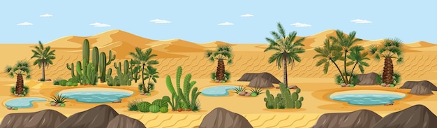 Woestijn oase met palmen natuur landschap scène illustratie
