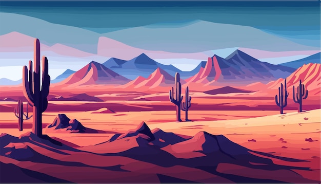 Vector woestijn van zuid-amerika met cactus prairie landschap bij zonsondergang vector illustratie