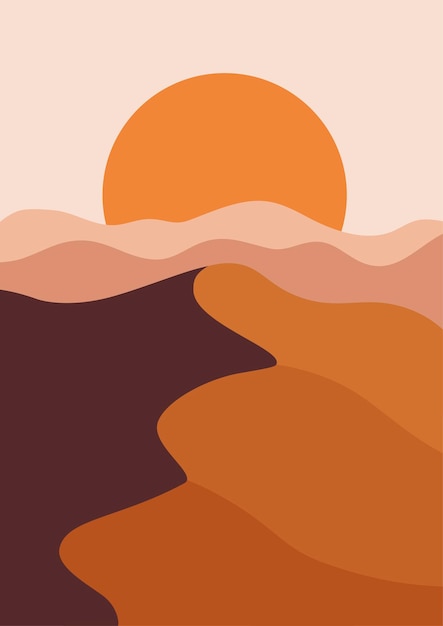 Woestijnlandschap in een verticaal formaat, warme beige kleuren. Vectorillustratie met zonsondergang in de bergen. Abstracte landschapsaffiche.