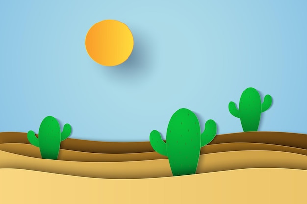 Woestijnlandschap met cactus in papierkunststijl