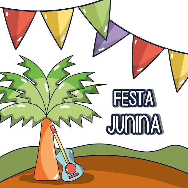 Woestijnlandschap met een palm en gitaarconcept die festa junina vieren