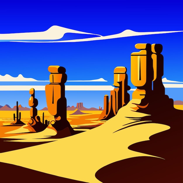 Woestijnlandschap met gouden zandduinen en stenen onder een blauwe wolkenhemel