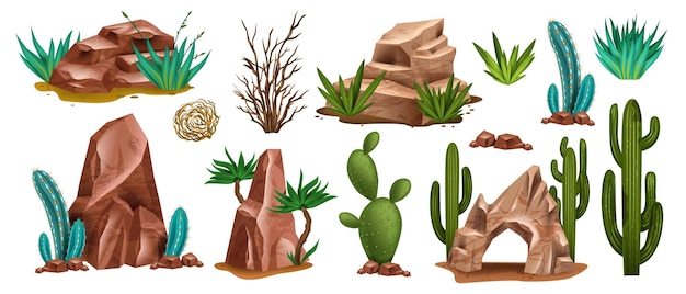 Vector woestijnrots set vector canyon steen kit wilde westen planten milieu natuur objecten cactus agave