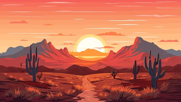 Woestijnzandlandschap met cactussen zonsondergang Woestijnduinen vector achtergrond illustratie