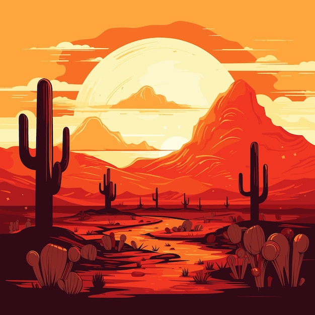 Woestijnzandlandschap met cactussen zonsondergang Woestijnduinen vector achtergrond illustratie