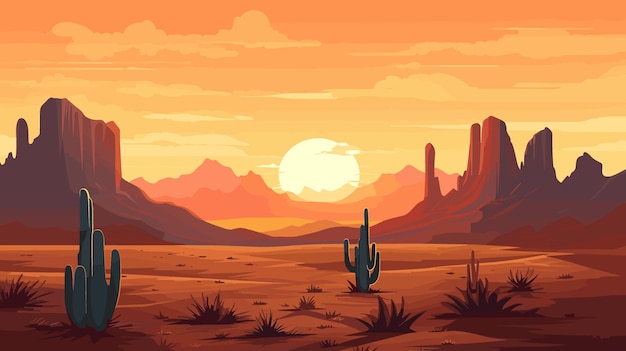 Woestijnzandlandschap met cactussen zonsondergang Woestijnduinen vector achtergrond illustratie