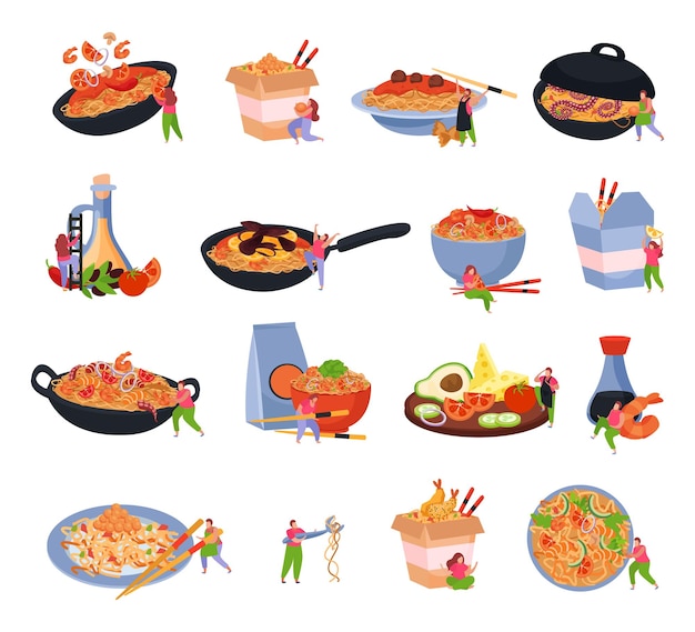 Vector wok box set of isolated icons with served noodles on frying pan plate packed in box vector illustration