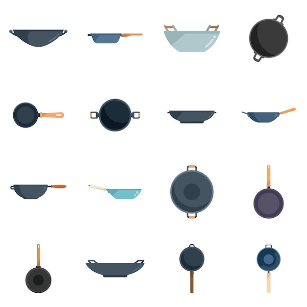 Le icone della padella wok impostano il vettore piatto utensili per la carne