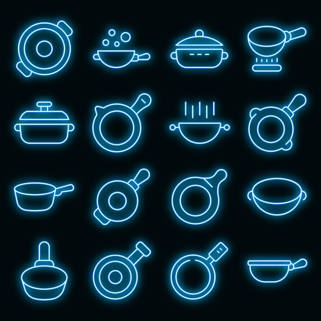 Wok frying pan icons set vector neon