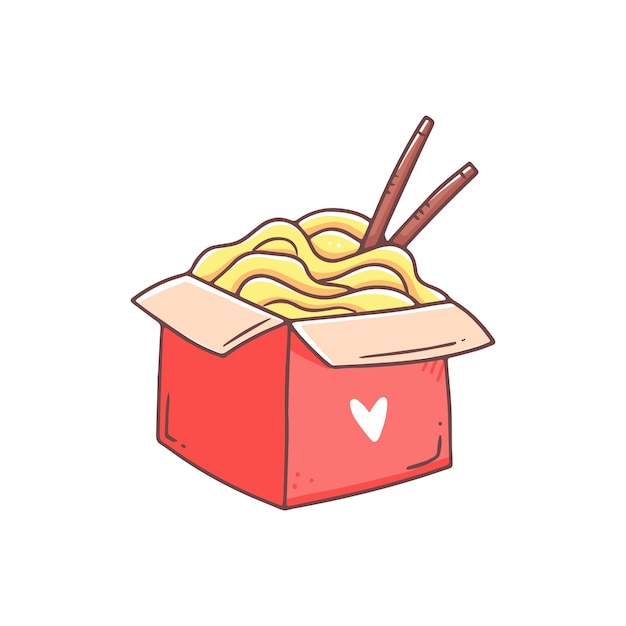 Wok noodles in a red box in a kawaii doodle style Vector fast food isolated illustration