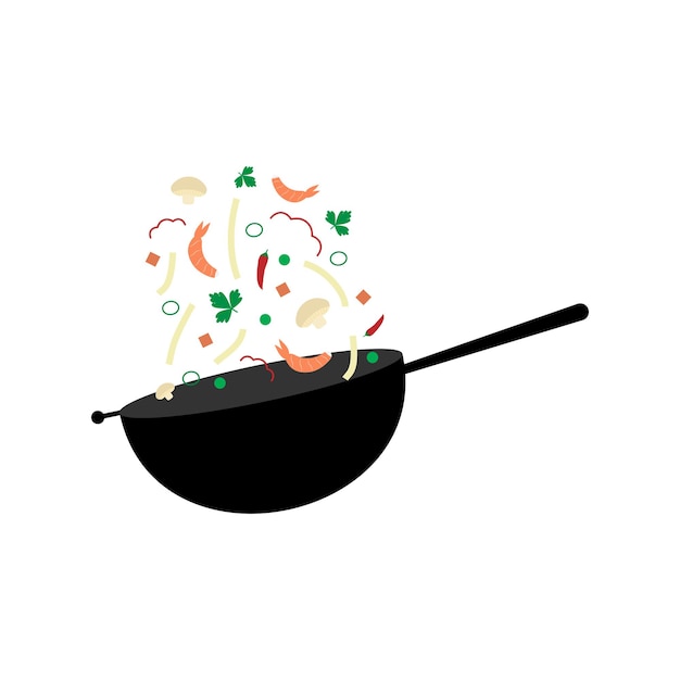 Wok Logo For Thai Or Chinese Restaurant Stir Fry With Edible Letters  Cooking Process Vector Illustration Flipping Asian Food In A Pan Over Fire  Cartoon Flat Style Stock Illustration - Download Image