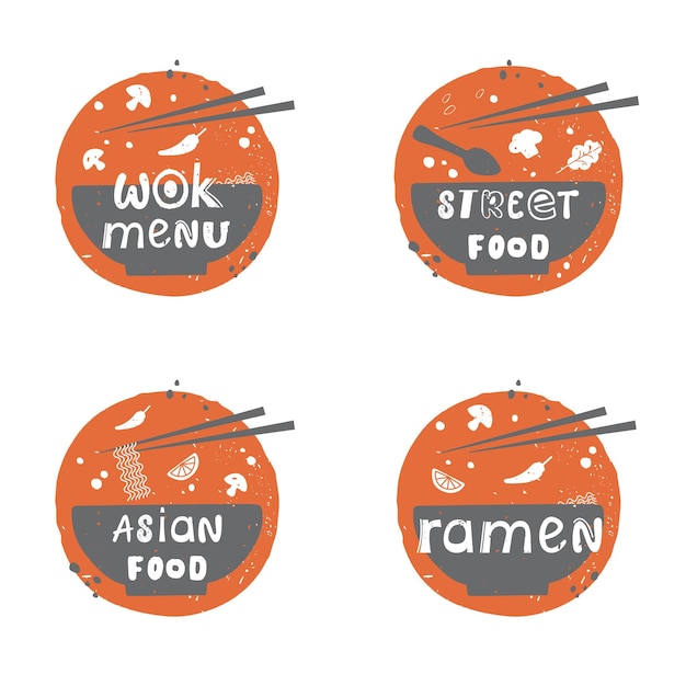 Wokmenu Straatvoedsel Aziatisch eten Ramen Handgetekende ronde iconen voor restaurantmenu Aantal stickers
